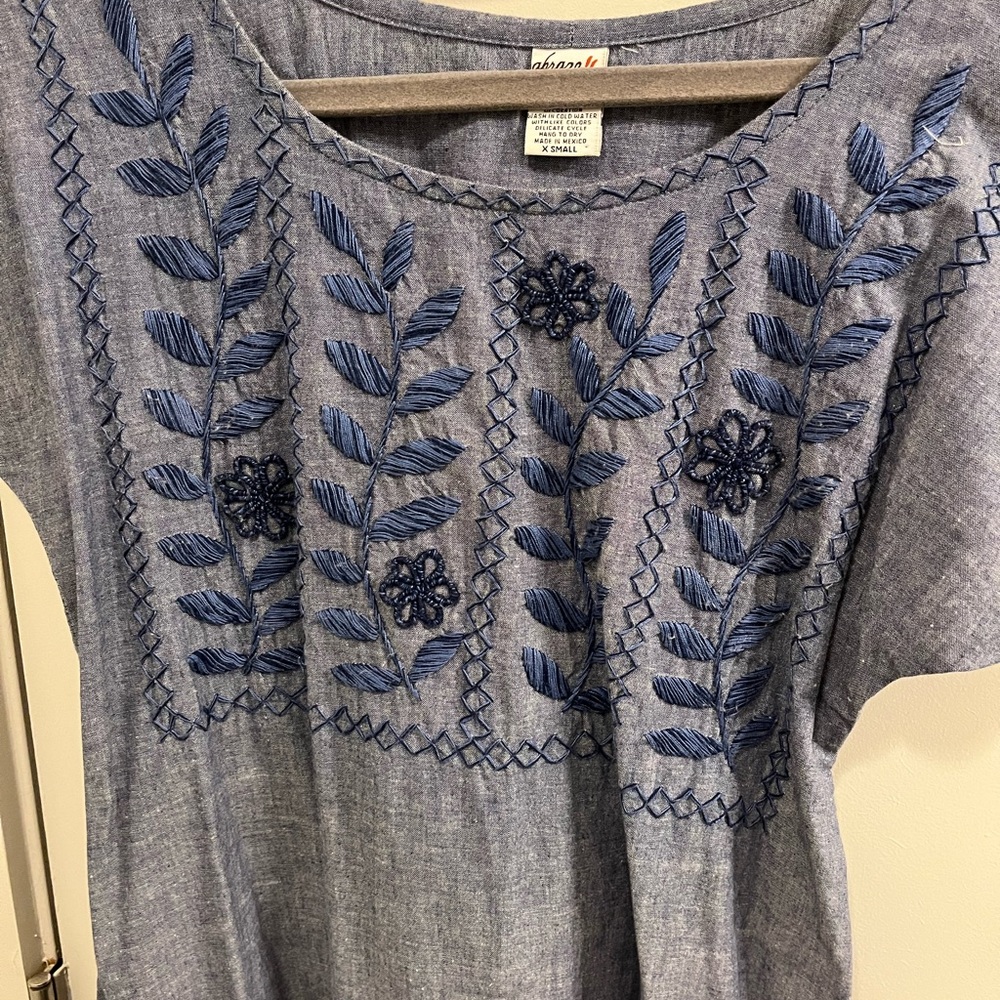 Boutique denim dress with embroidered detail. Size XS